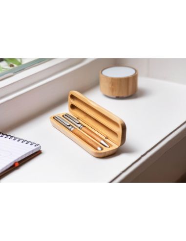 Set bolígrafo roller bambú estuche madera haya tinta azul