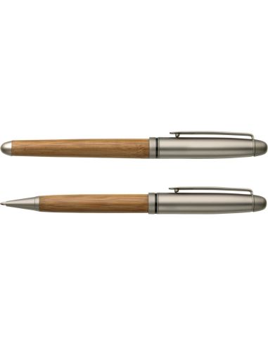 Set bolígrafo roller bambú estuche madera haya tinta azul