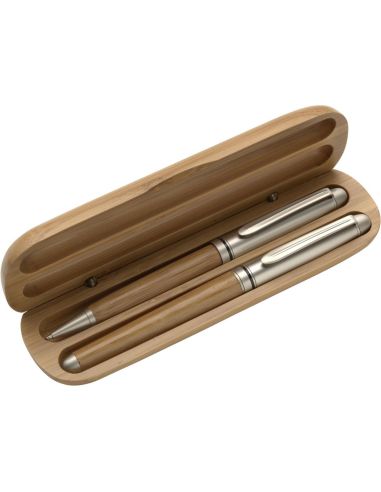 Set bolígrafo roller bambú estuche madera haya tinta azul