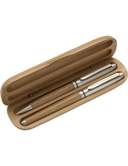 Set bolígrafo roller bambú estuche madera haya tinta azul