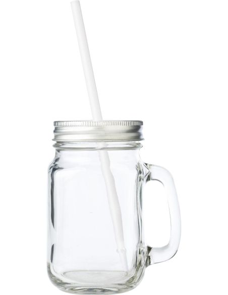Jarra vidrio 480 ml asa tapa metal caña plástico