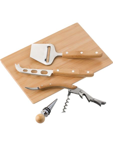 Set queso vino caja bambú FSC 4 piezas acero inox LFGB
