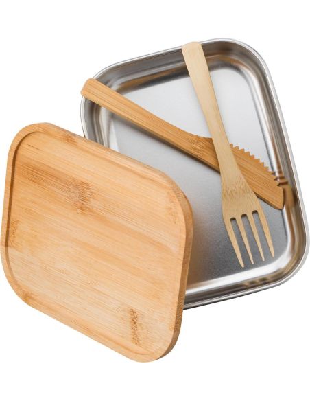 Fiambrera acero inox bambú 600 ml tenedor cuchillo correa