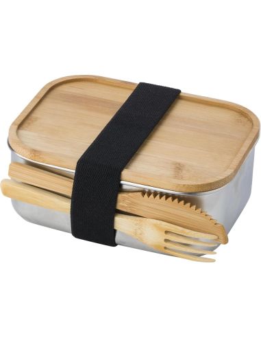 Fiambrera acero inox bambú 600 ml tenedor cuchillo correa