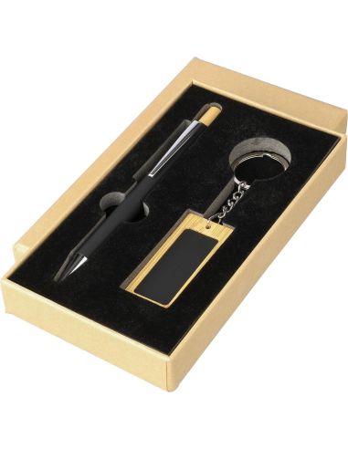Set bolígrafo bambú aluminio reciclado caja kraft