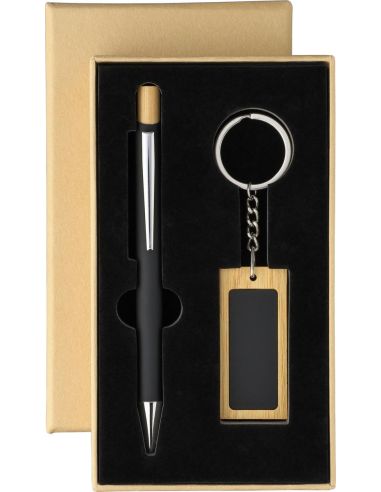 Set bolígrafo bambú aluminio reciclado caja kraft