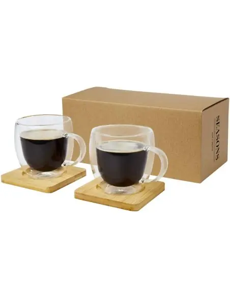 Dos tazas de vidrio de doble pared de 250 ml con posavasos de bambú Ecológica Personalizada 6113315