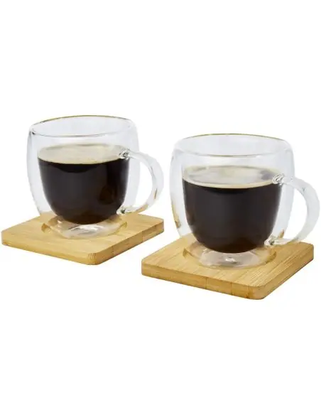 Dos tazas de vidrio de doble pared de 250 ml con posavasos de bambú Ecológica Personalizada 6113315
