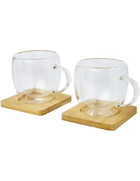 Dos tazas de vidrio de doble pared de 250 ml con posavasos de bambú Ecológica Personalizada 6113315
