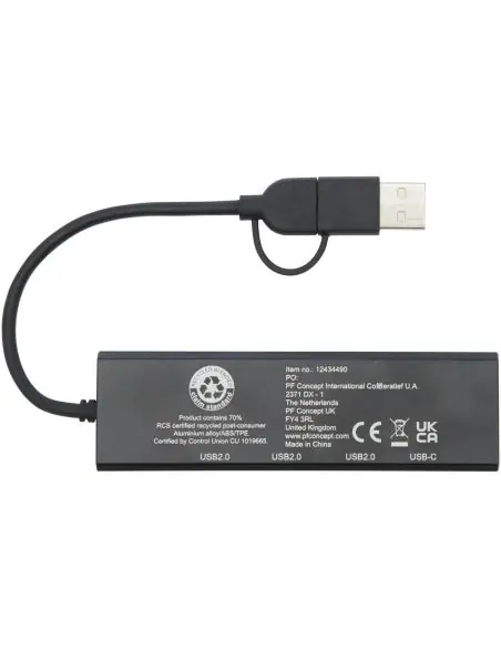 Hub USB 2.0 de aluminio reciclado con certificación RCS Ecológico Personalizado 6124344