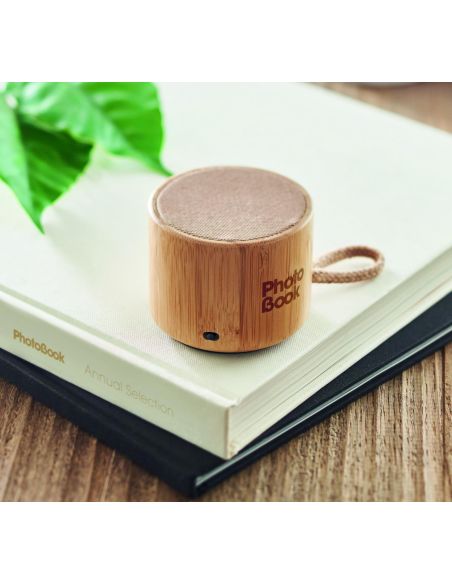 Altavoz inalámb. redondo bambú Ecológico Personalizado 7MO6890