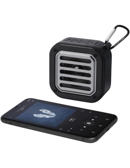 Altavoz solar Bluetooth IPX5 de 3W con mosquetón en plástico reciclado con certificación RCS Ecológico Personalizado 6124347