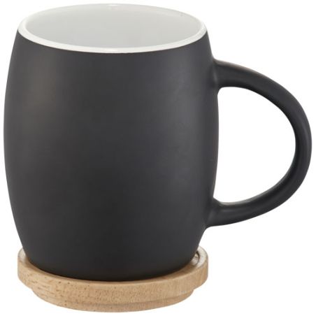 Taza cerámica mate 400 ml base madera posavasos 10.4 cm