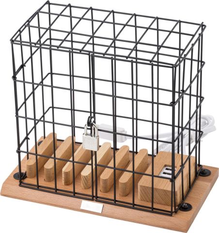 Soporte jaula móvil aluminio madera puertos USB carga