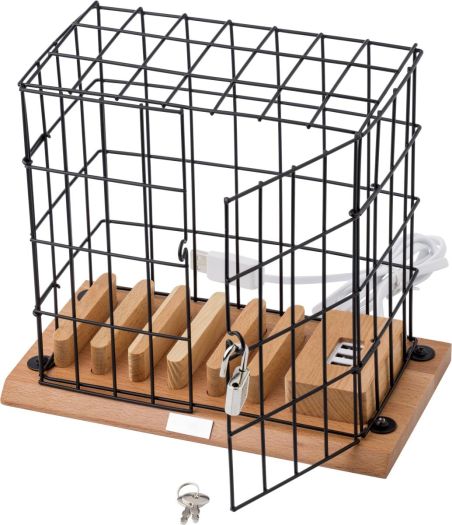 Soporte jaula móvil aluminio madera puertos USB carga