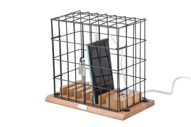 Soporte jaula móvil aluminio madera puertos USB carga