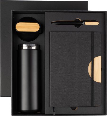 Set regalo cartón termo 640 ml bolígrafo cuaderno bambú