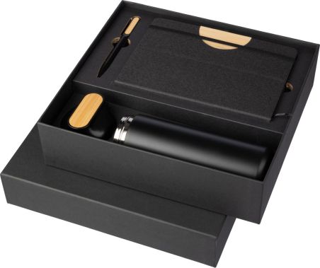 Set regalo cartón termo 640 ml bolígrafo cuaderno bambú