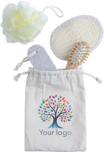 Set baño algodón con cepillo bambú 4 piezas