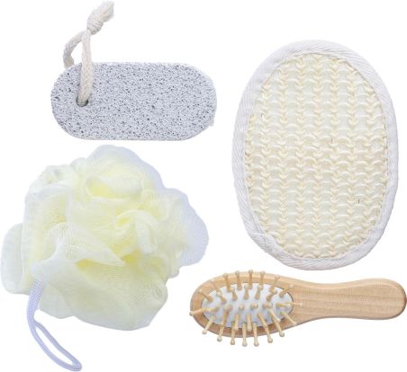 Set baño algodón con cepillo bambú 4 piezas