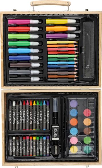 Estuche madera pino con set dibujo 66 piezas