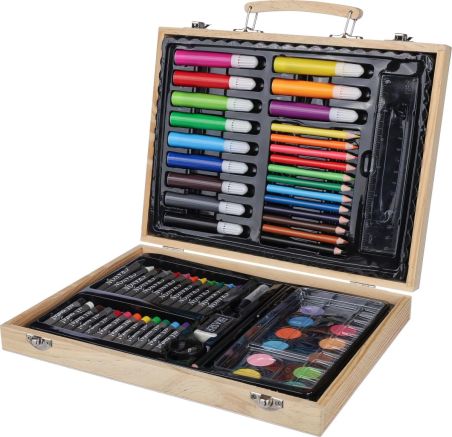 Estuche madera pino con set dibujo 66 piezas