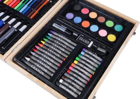 Estuche madera pino con set dibujo 66 piezas
