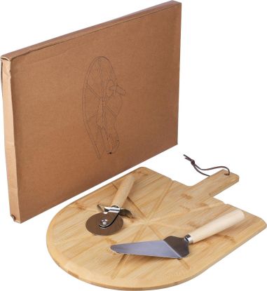 Set pizza bambú con tabla, cortador y espátula