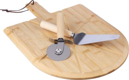 Set pizza bambú con tabla, cortador y espátula