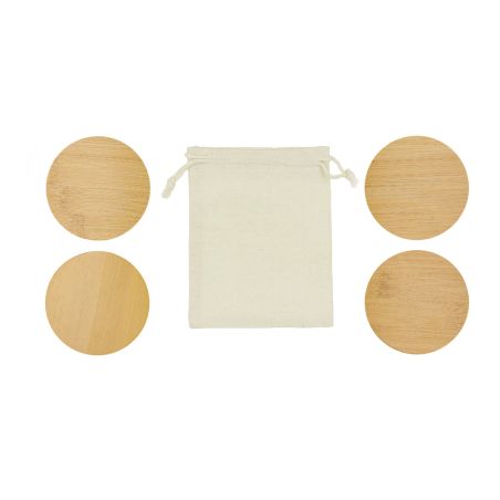 Set 4 posavasos bambú bolsa algodón FSC OEKO-TEX cordones