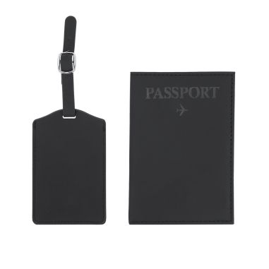 Set viaje funda pasaporte etiqueta equipaje PU negro