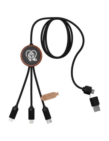 Cable de carga 3 en 1 de PET reciclado con logo retroiluminado y estuche redondo de madera "SCX.design C37"