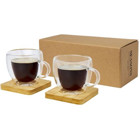 Dos tazas de vidrio de doble pared de 100 ml con posavasos de bambú Ecológica Personalizada 6113314