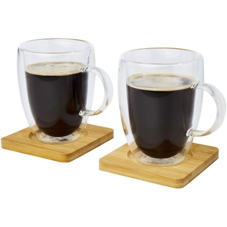 Dos tazas de vidrio de doble pared de 350 ml con posavasos de bambú Ecológica Personalizada 6113316