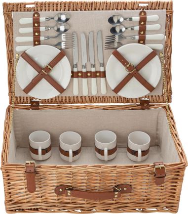 Cesta de sauce para picnic con vajilla cerámica 4p
