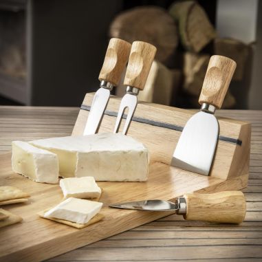 Tabla madera quesos imán 4 utensilios caja regalo