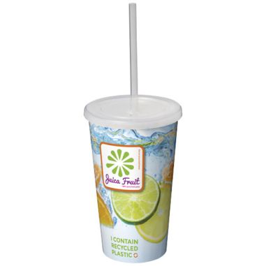 Vaso doble pared plástico reciclado 350 ml pajita bolsa compostable