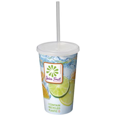 Vaso doble pared plástico reciclado 350 ml pajita bolsa compostable