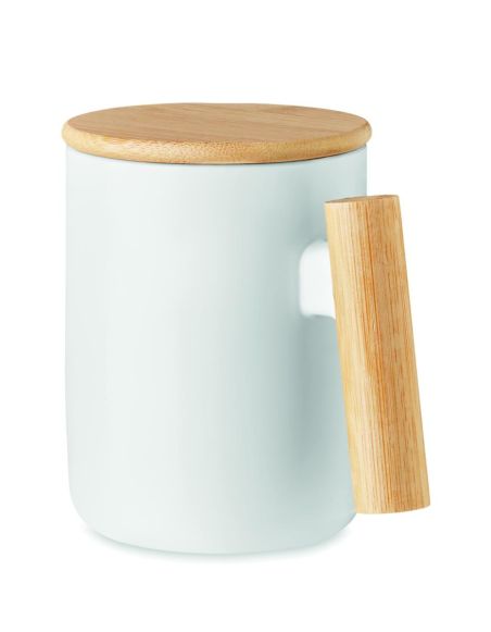 Taza porcelana 380 ml con tapa y asa bambú