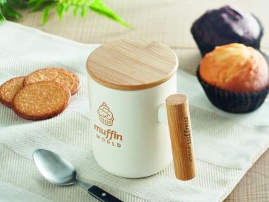 Taza porcelana 380 ml con tapa y asa bambú