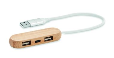 Hub USB-C bambú 3 puertos cable 24 cm