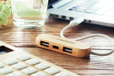Hub USB-C bambú 3 puertos cable 24 cm