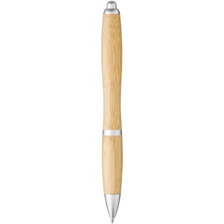 Bolígrafo bambú tinta azul clic clip cromado ABS