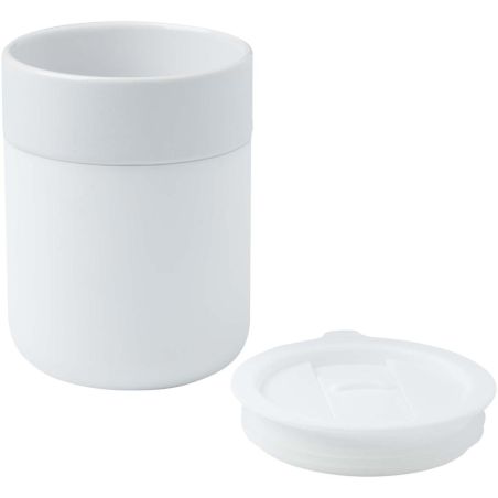 Vaso de cerámica de 330 ml con agarradero de silicona y tapa de plástico Ecológico Personalizado 6100808