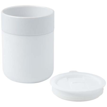 Vaso de cerámica de 330 ml con agarradero de silicona y tapa de plástico Ecológico Personalizado 6100808