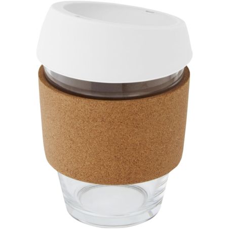 Vaso de vidrio borosilicato de 360 ml con agarre de corcho y tapa de silicona Ecológico Personalizado 6100665