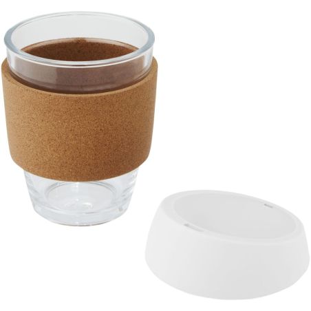 Vaso de vidrio borosilicato de 360 ml con agarre de corcho y tapa de silicona Ecológico Personalizado 6100665