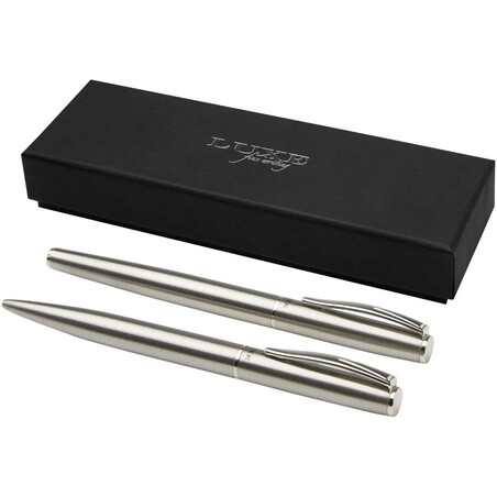 Set bolígrafo roller acero inox reciclado caja 16x5x3cm