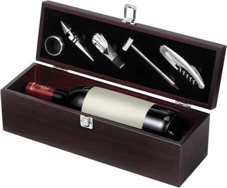 Set vino 5 piezas termómetro escanciador caja madera FSC