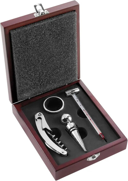 Set vino 4 piezas con termómetro en caja madera